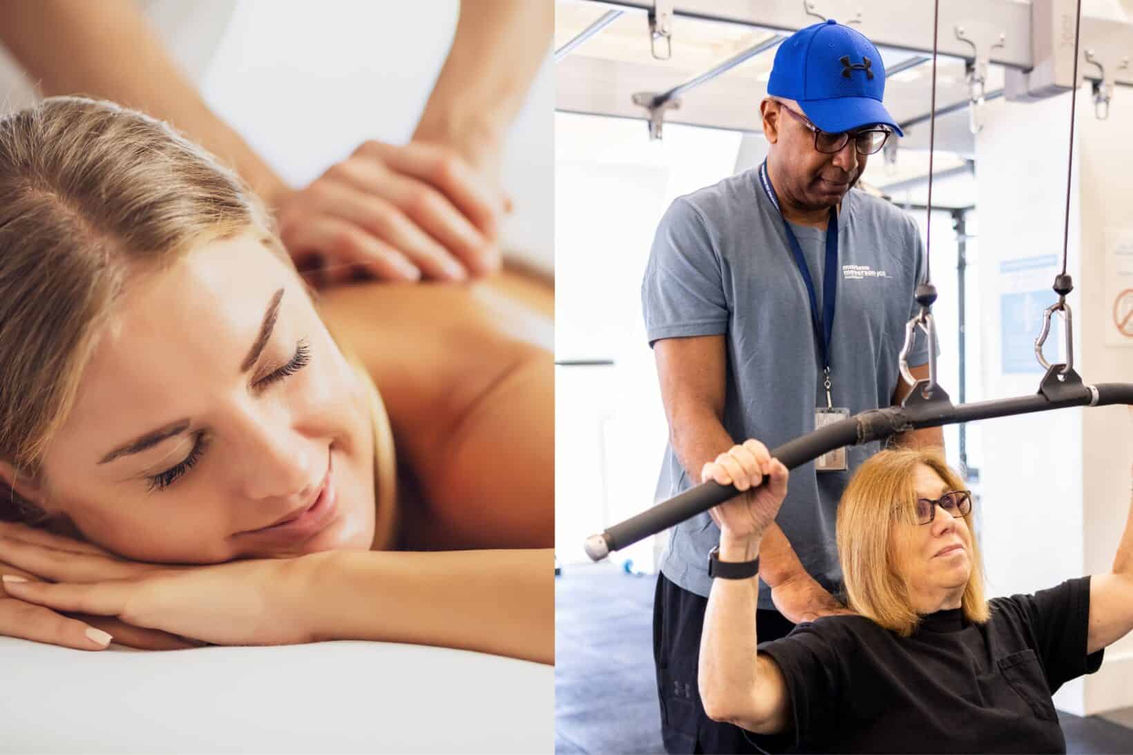 Woman getting massage and woman working out with a male personal trainer