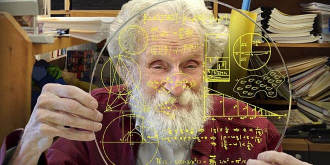 An elderly man with a full white beard and hair holds up a clear glass lens in front of his face, filled with glowing yellow mathematical diagrams, equations, and geometric proofs.