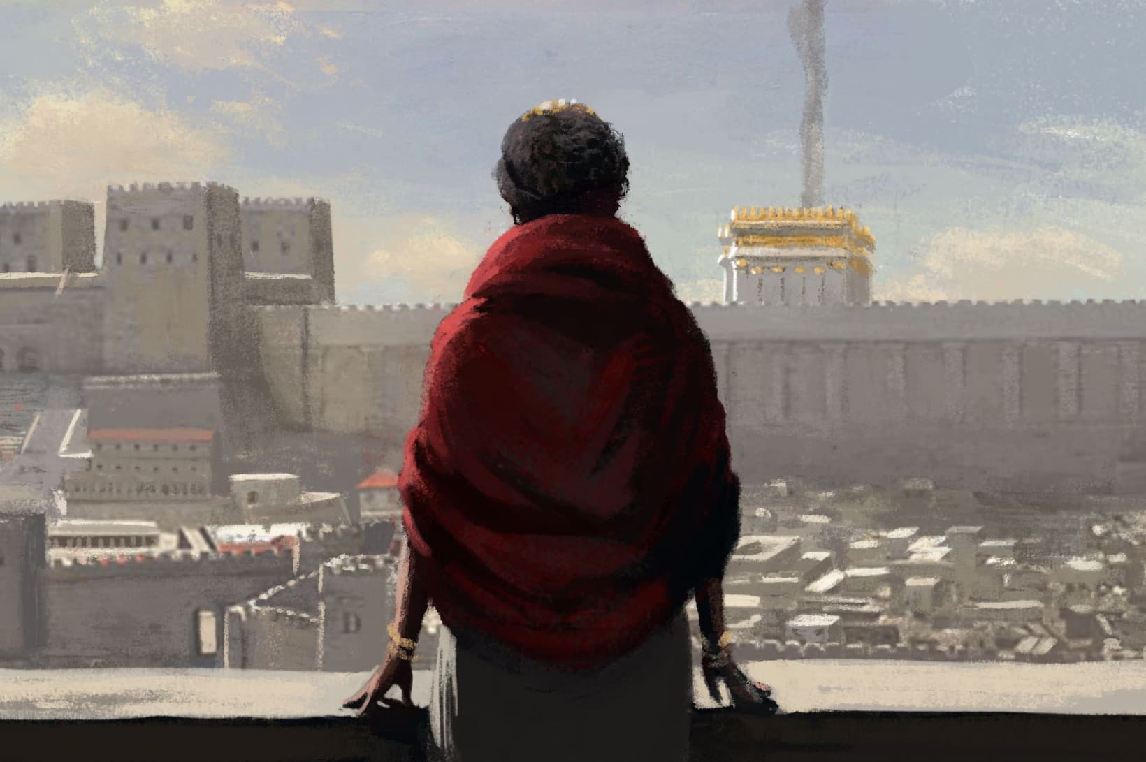 An animated painting seen from behind a figure wrapped in a dark red cloak, leaning on a balcony and overlooking an ancient city featuring massive stone walls and a grand, gold-roofed temple under a hazy sky.