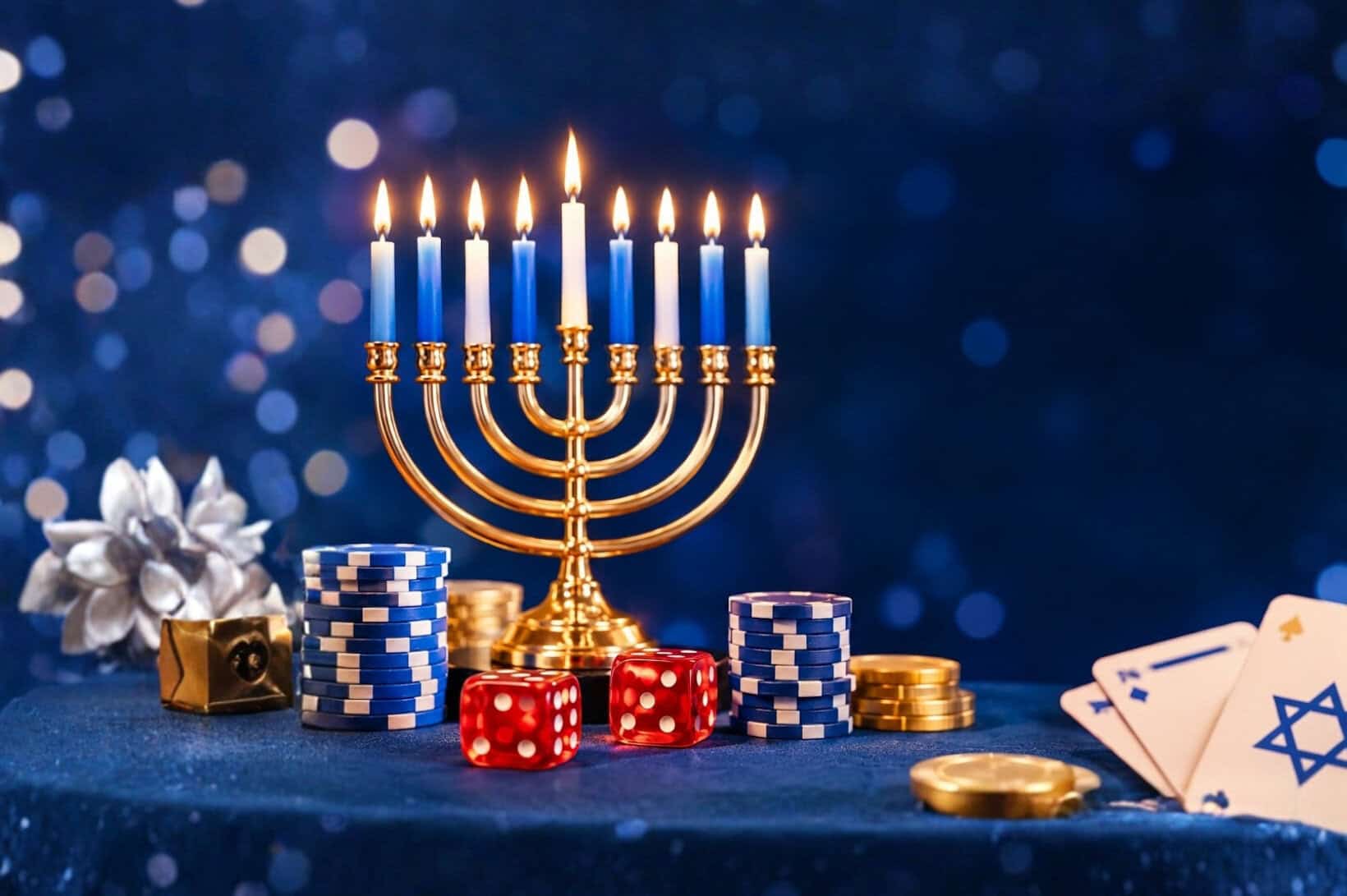 A lit brass Hanukkah menorah with blue and white candles, set on a blue surface alongside casino poker chips, red dice, gold coins, and playing cards against a bokeh background.