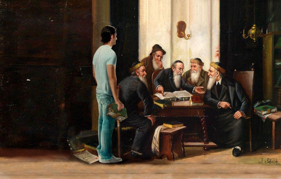 A painting depicting five elderly Jewish scholars with long beards gathered around a wooden table, studying and discussing an open religious text. A younger man in modern clothing stands beside them holding a book, creating a contrast between past and present.