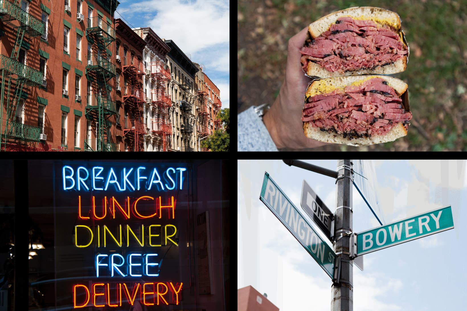 Images from famous establishments on the lower east side of New York City, such as a pastrami sandwich, neon sign and steeet signs.