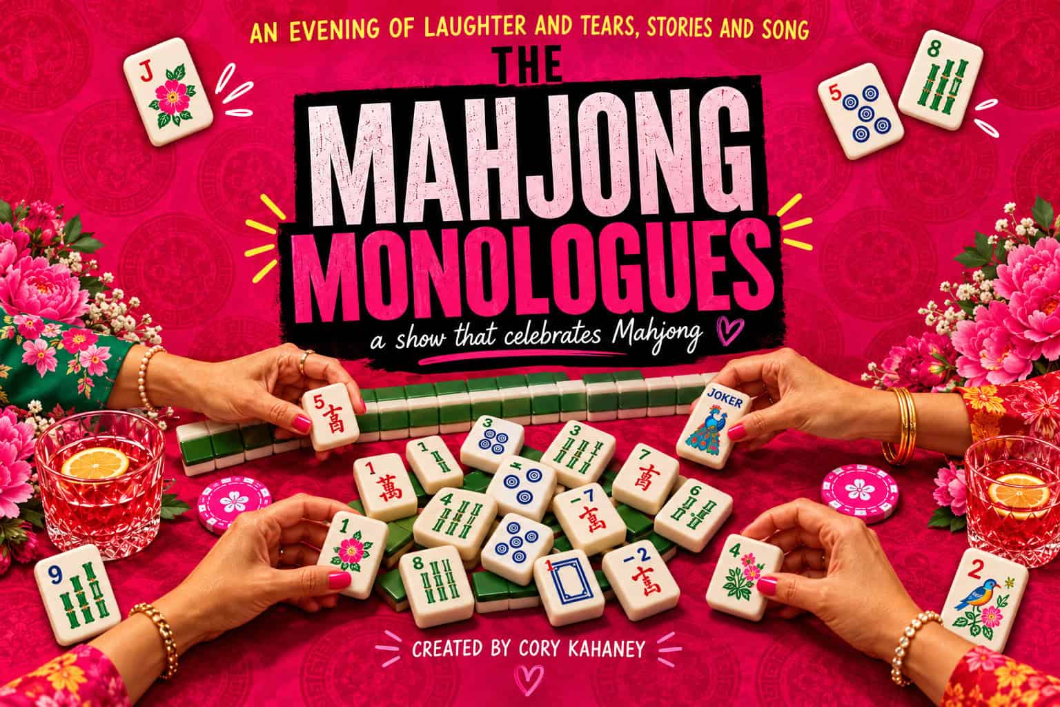 Promotional graphic for The Mahjong Monologues featuring bold pink-and-black title text, mahjong tiles, players’ hands, flowers, and colorful drinks against a bright red background.