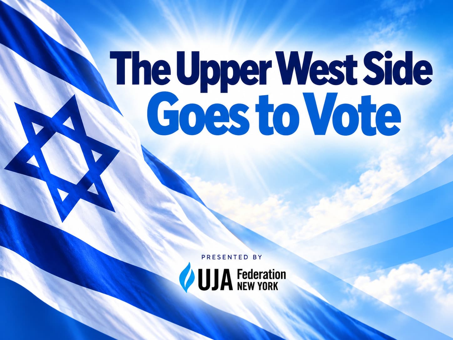 Graphic for the 2026 Israeli elections featuring a waving Israeli flag, a Jerusalem skyline, and the logos of UJA-Federation of New York and Israel Policy Forum.