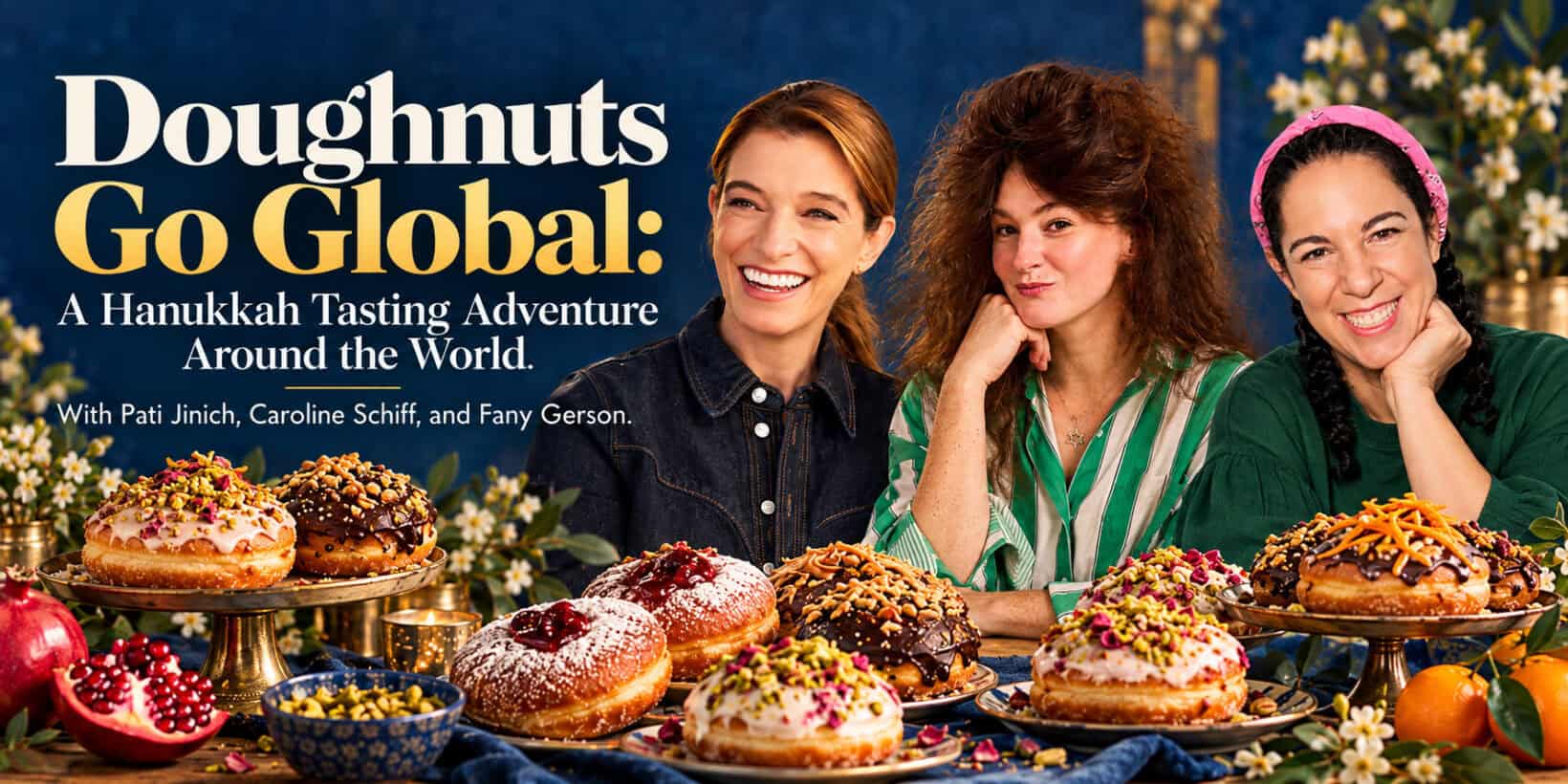 Promotional graphic for “Doughnuts Go Global: A Hanukkah Tasting Adventure Around the World,” featuring Pati Jinich, Caroline Schiff, and Fany Gerson smiling behind an assortment of colorful gourmet doughnuts against an elegant navy-blue background.